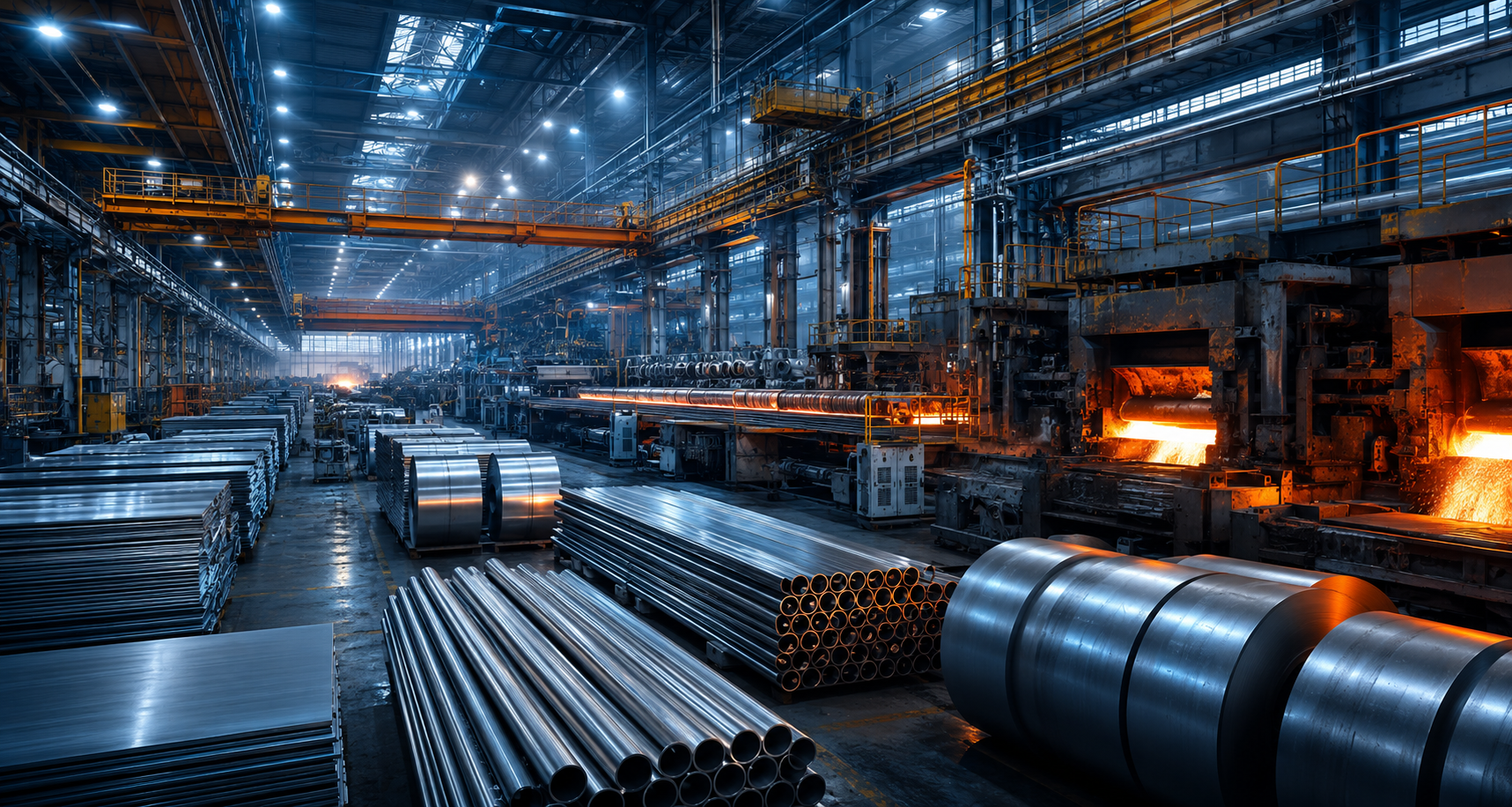 Stainless steel plant floor with coils, pipes, bars and sheets — the Ramesh Metal product range
