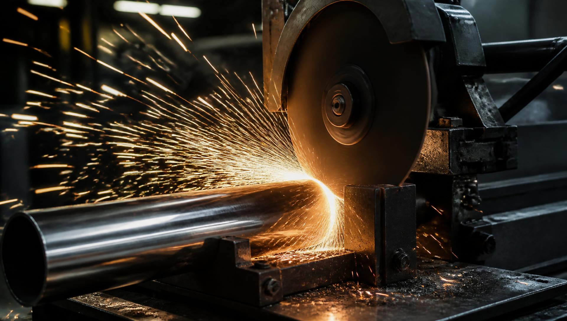 Industrial stainless steel pipe cutting with sparks