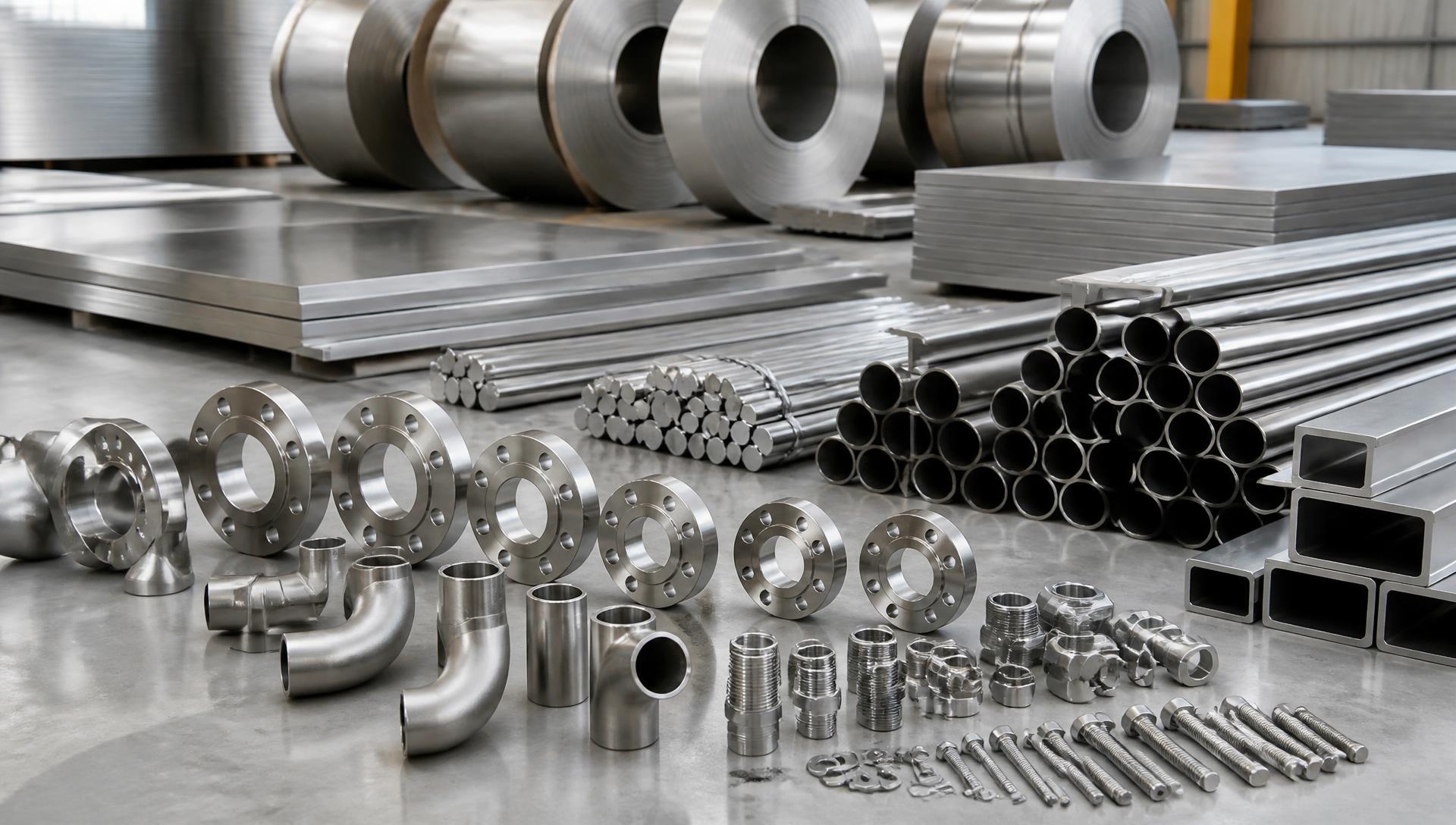 Wide stainless steel product range — coils, sheets, plates, pipes, round bars, flanges, fittings and fasteners